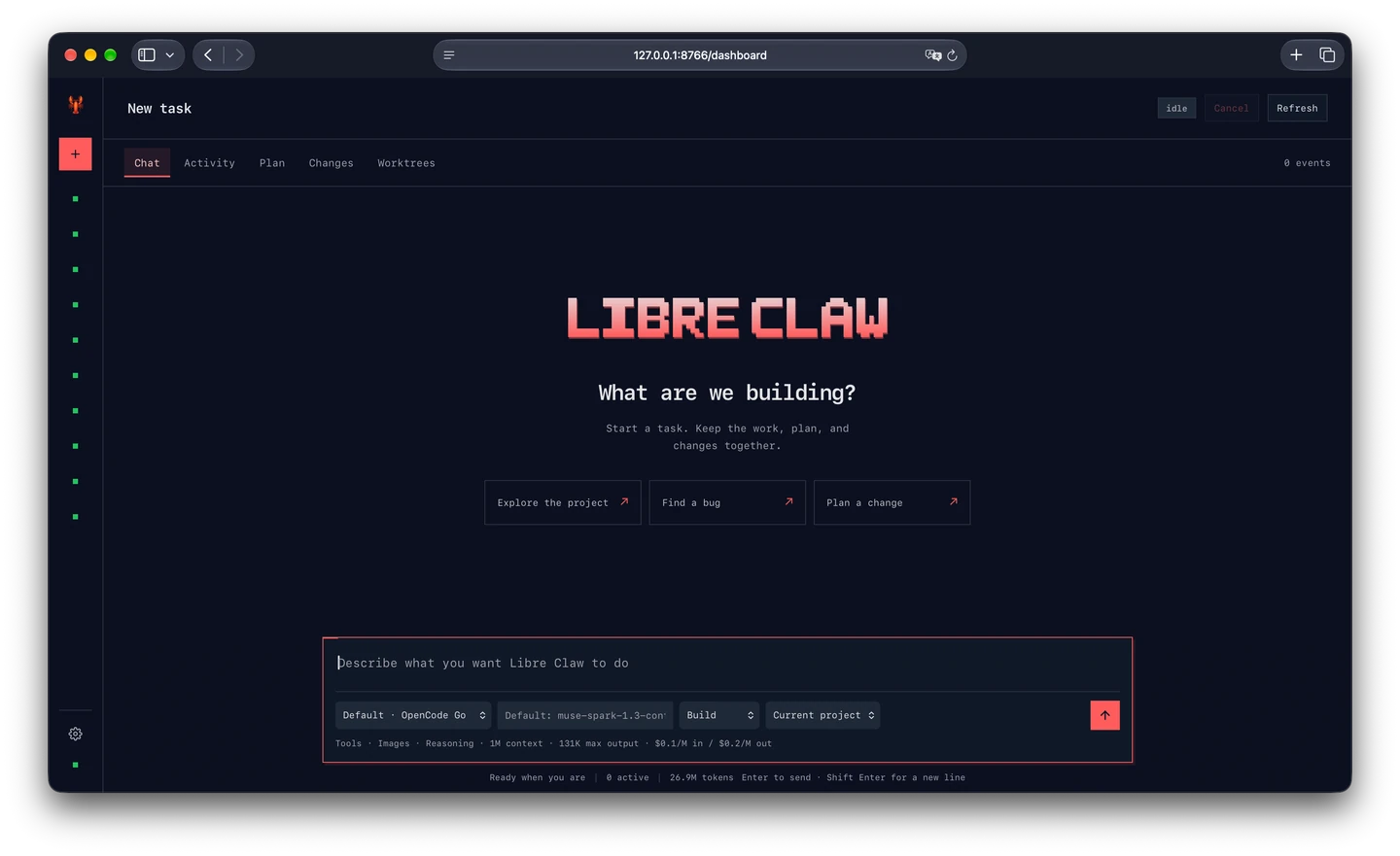 Libre Claw dashboard with runs, schedules, usage, and approvals