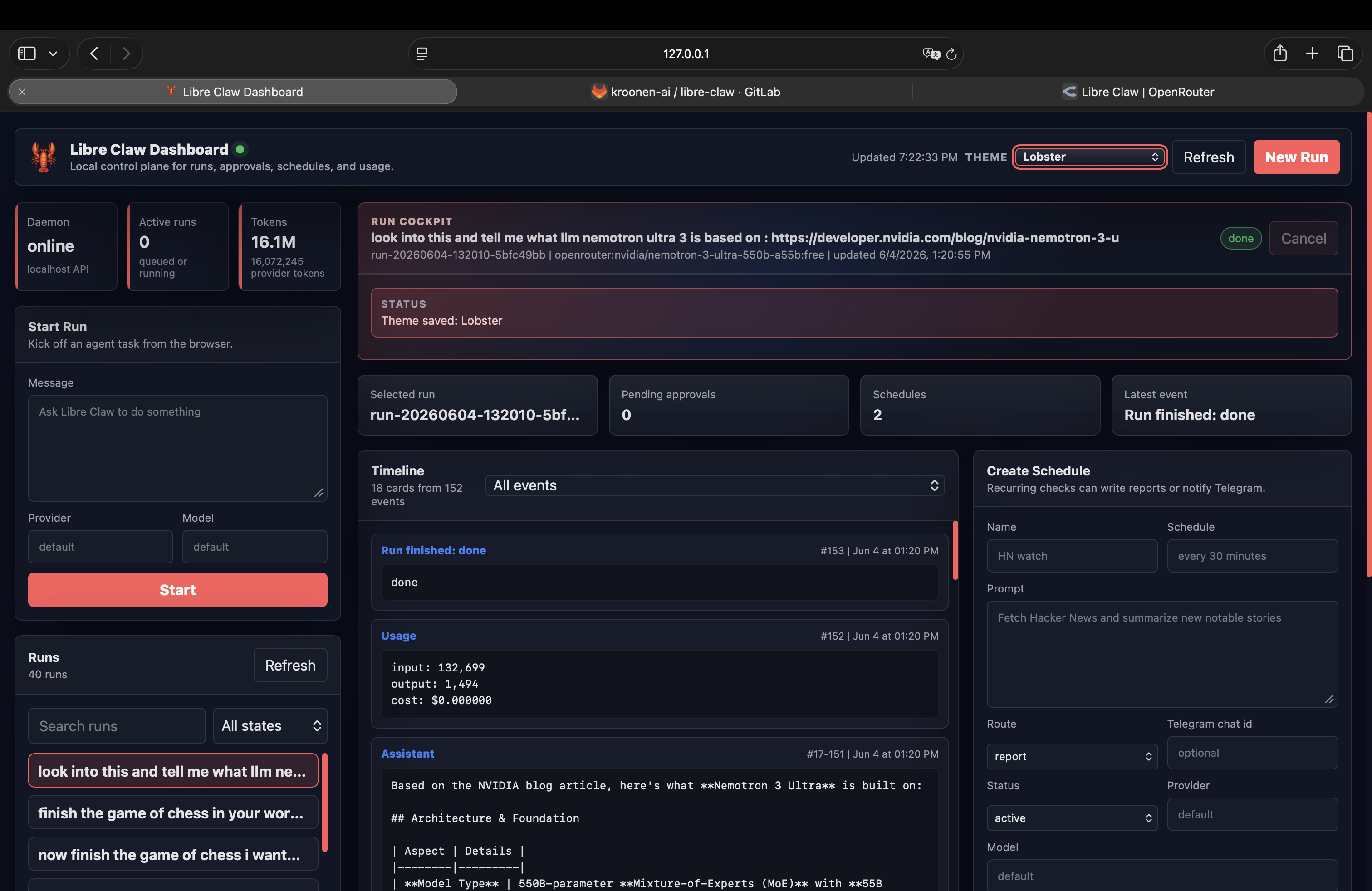 Libre Claw dashboard with runs, schedules, usage, and approvals