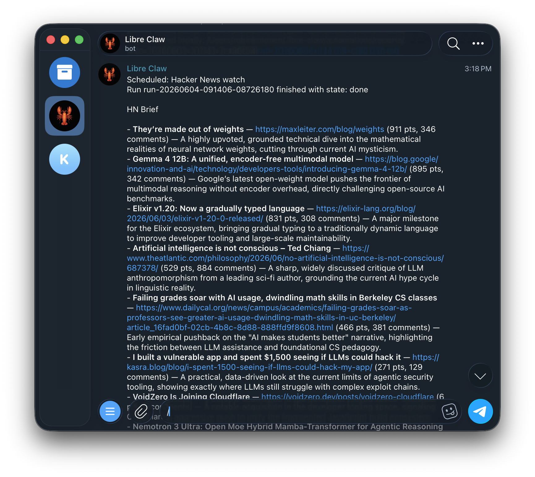 Libre Claw Telegram bot showing a scheduled report
