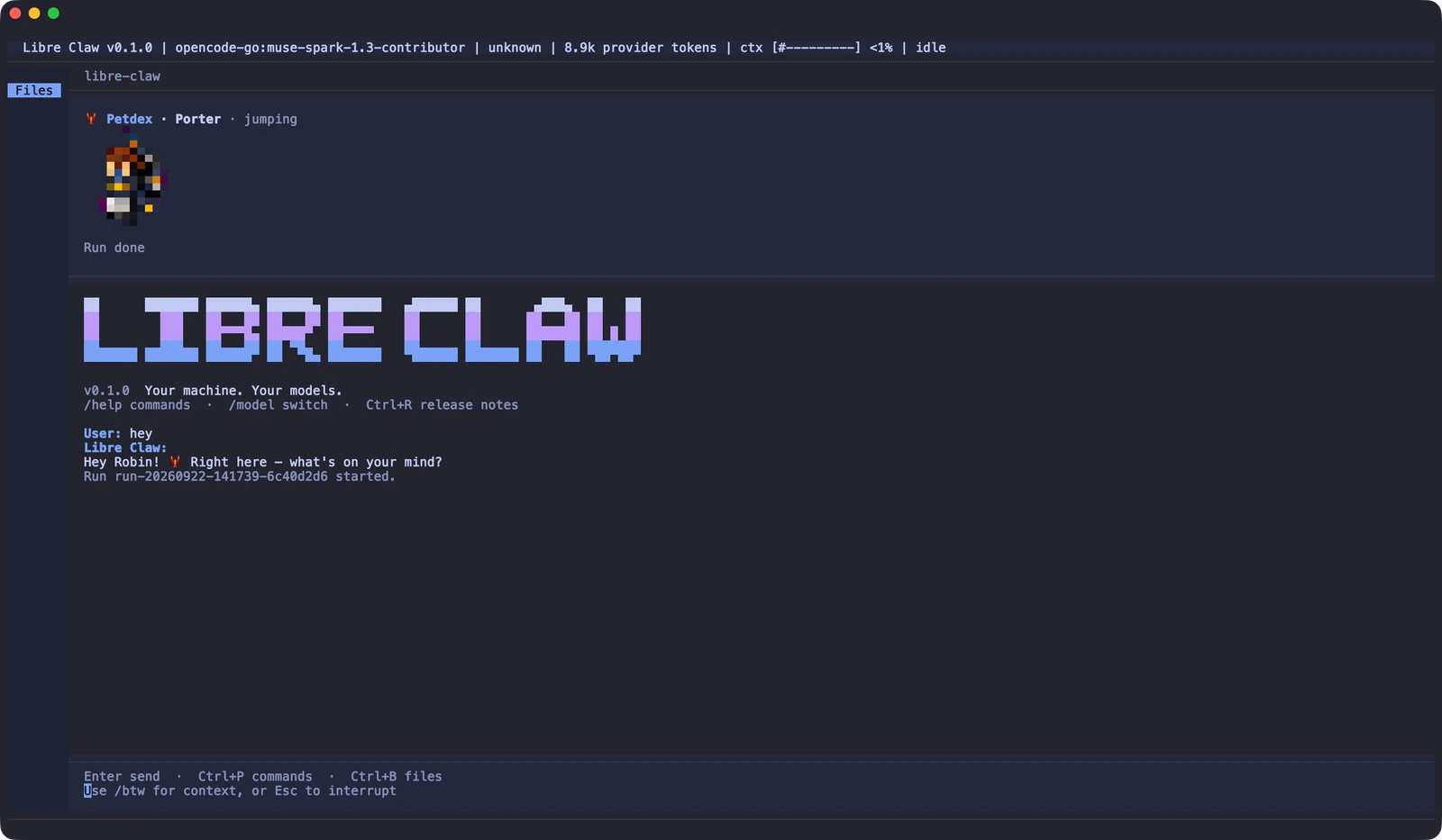 Libre Claw terminal TUI showing a live agent session