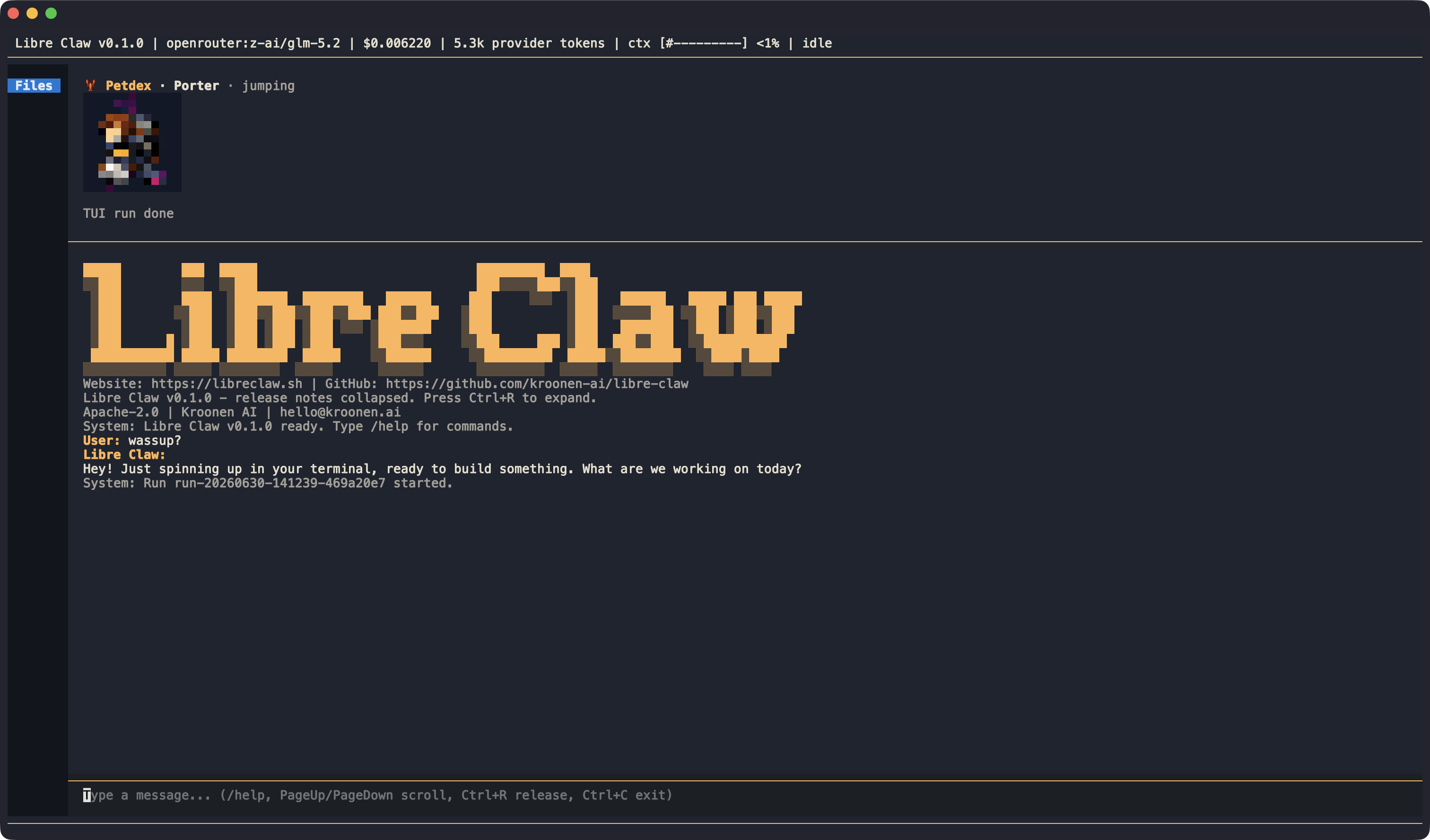 Libre Claw terminal TUI showing a live agent session